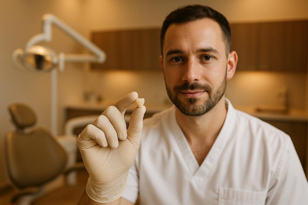 Dentist's gloved hand with composite resin, showing modern materials for dental fillings.