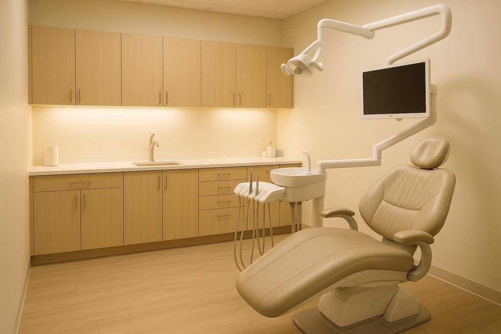 Modern dental office setup for an emergency tooth removal with a calm atmosphere
